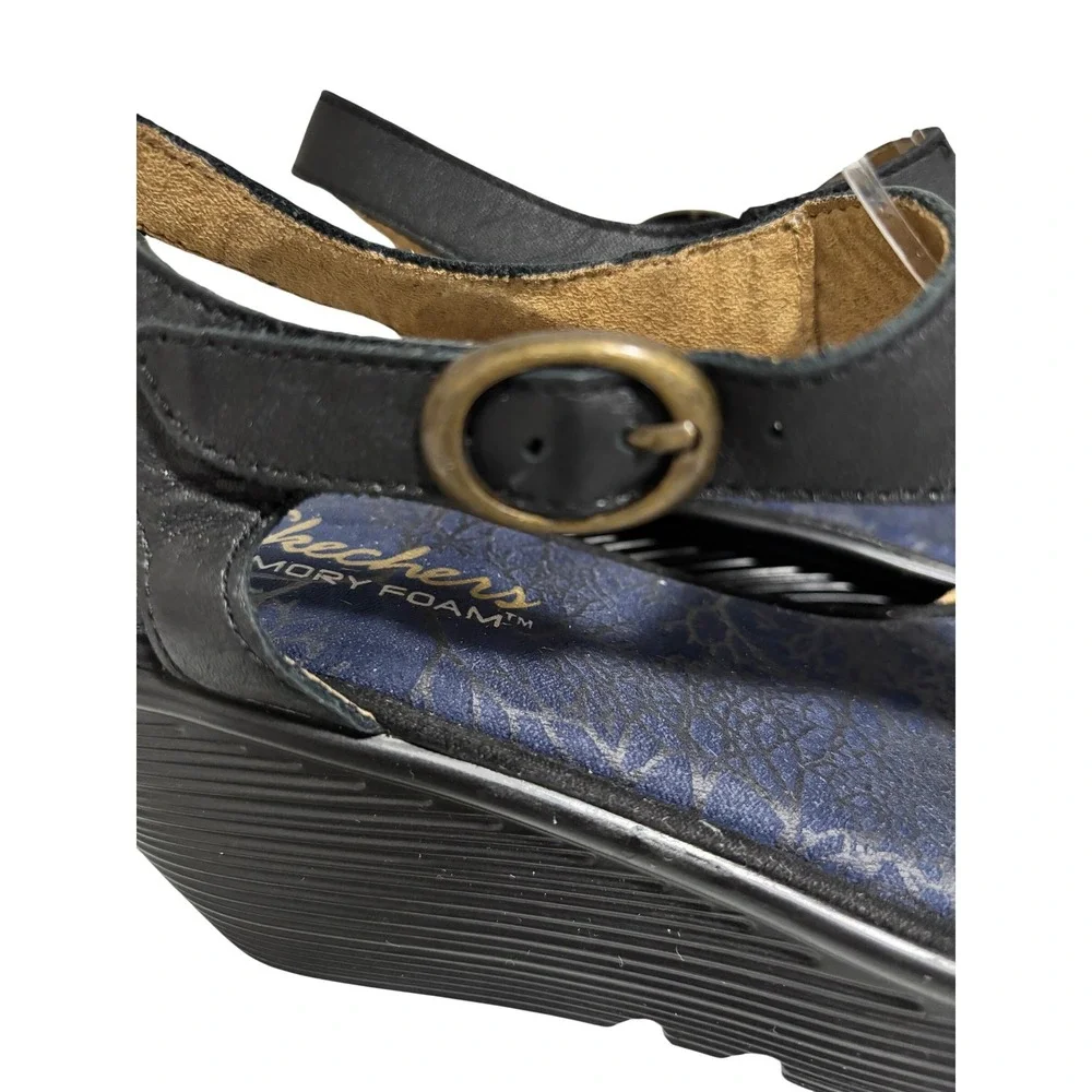 Skechers Parallel Trapezoid Womens Black Wedge Sandals Memory‎ Foam 38435 BLK S6
